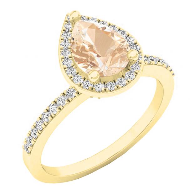 10K Yellow Gold 8X6 MM Pear Morganite & Round White Diamond Ladies Halo Engagement Ring