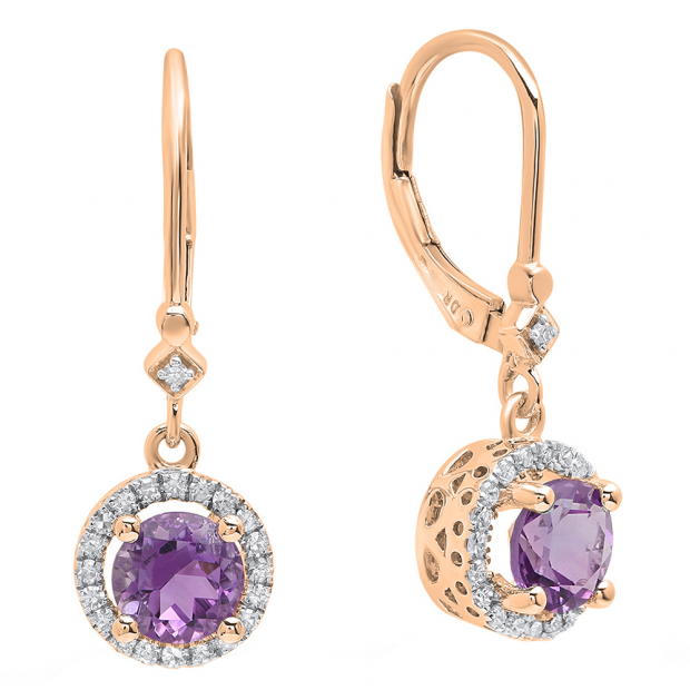 10K Rose Gold 6.5 MM Each Round Amehyst & White Diamond Ladies Halo Dangling Drop Earrings