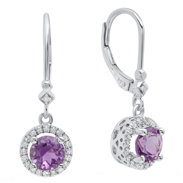 10K White Gold 6.5 MM Each Round Amehyst & White Diamond Ladies Halo Dangling Drop Earrings