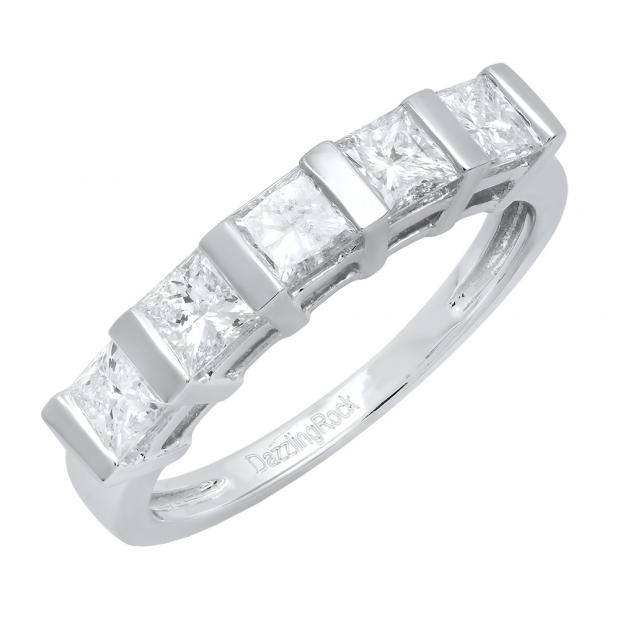 1.00 Carat (ctw) 10K White Gold Princess White Diamond Ladies 5 Stone Bridal Wedding Band Ring 1 CT