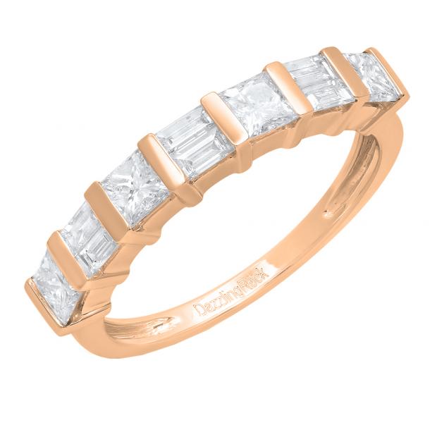 0.98 Carat (ctw) 10K Rose Gold Princess & Baguette Diamond Ladies Anniversary Wedding Ring 1 CT