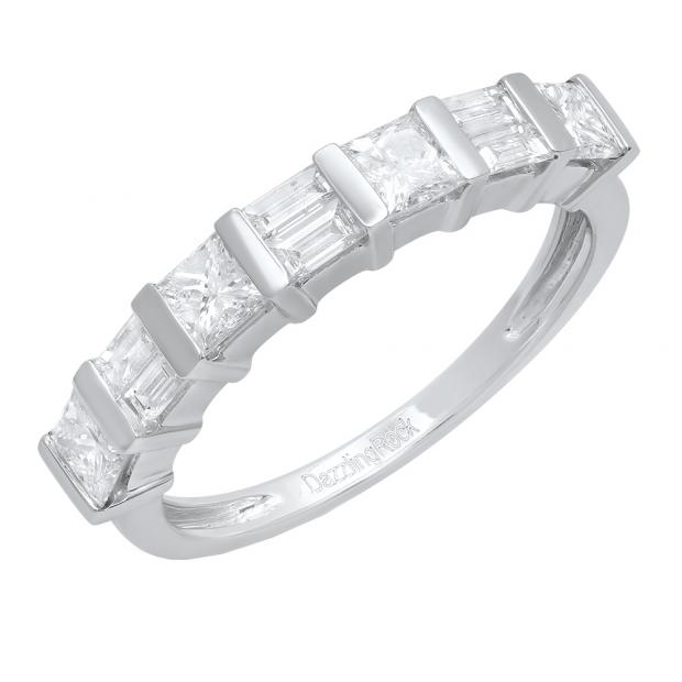 0.98 Carat (ctw) 10K White Gold Princess & Baguette Diamond Ladies Anniversary Wedding Ring 1 CT