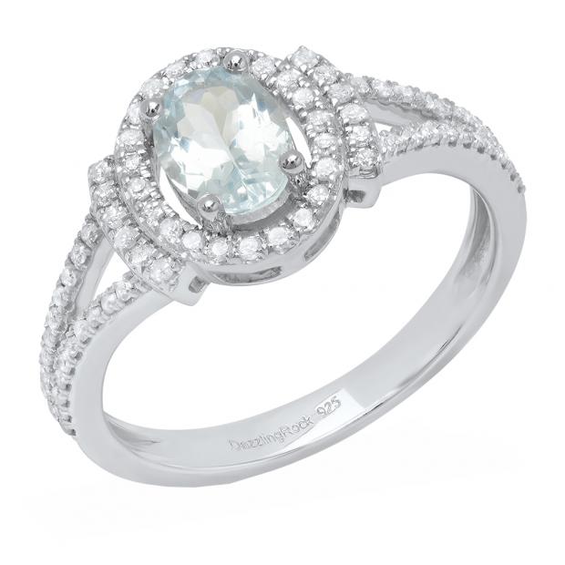 Sterling Silver 7X5 MM Oval Aquamarine & Round White Diamond Ladies Halo Style Engagement Ring