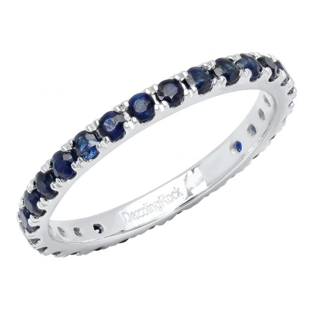 14K White Gold Round Blue Sapphire Ladies Eternity Wedding Anniversary Stackable Ring Band