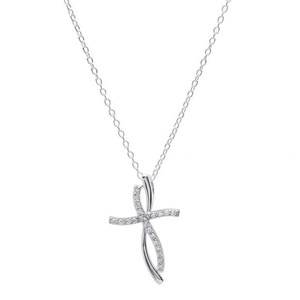 0.20 Carat (ctw) 10K White Gold Round Diamond Ladies Twist Cross Pendant (Silver Chain Included)