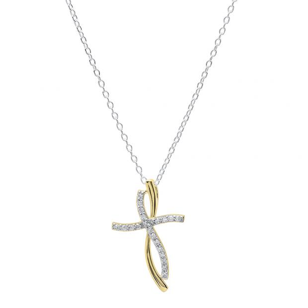 0.20 Carat (ctw) 14K Yellow Gold Round Diamond Ladies Twist Cross Pendant (Silver Chain Included)