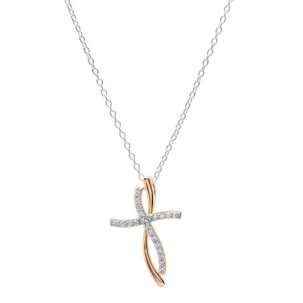 0.20 Carat (ctw) 18K Rose Gold Round Diamond Ladies Twist Cross Pendant (Silver Chain Included)