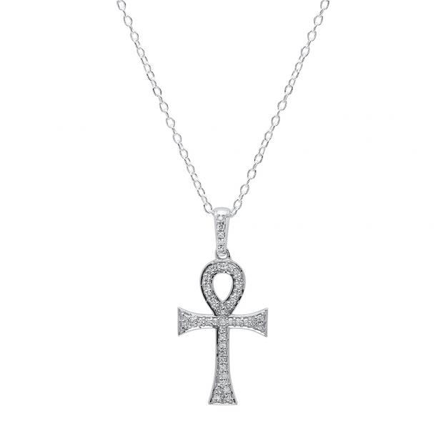 0.20 Carat (ctw) 10K White Gold Round Diamond Ladies Ankh Cross Pendant (Silver Chain Included)