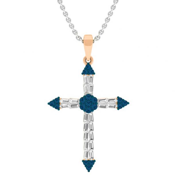 0.55 Carat (ctw) 10K Rose Gold Round Blue Diamond & Baguette Diamond Ladies Cross Pendant 1/2 CT