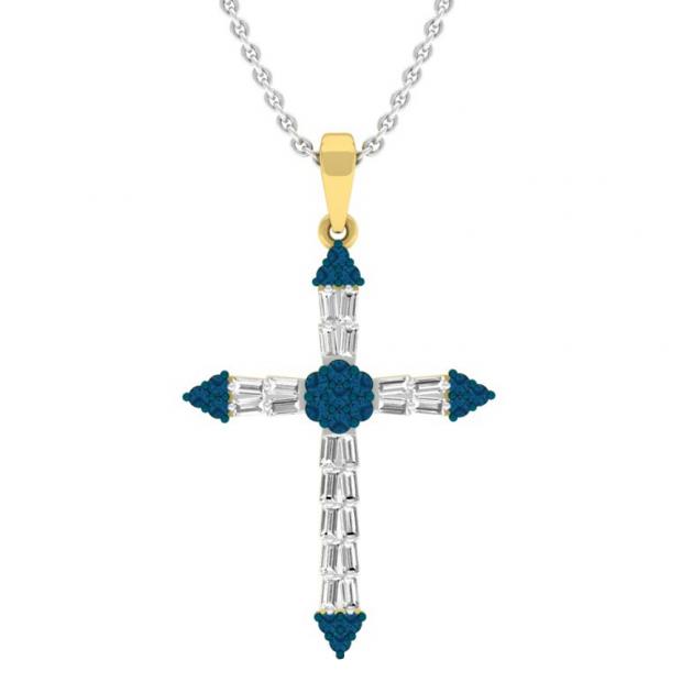 0.55 Carat (ctw) 10K Yellow Gold Round Blue Diamond & Baguette Diamond Ladies Cross Pendant 1/2 CT
