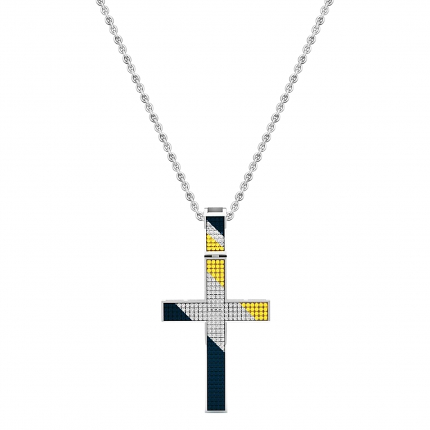 0.55 Carat (ctw) Sterling Silver Round Blue White & Yellow Diamond Mens Cross Pendant 1/2 CT