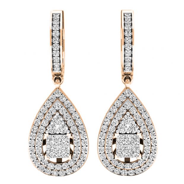 1.10 Carat (ctw) 10K Rose Gold Princess & Round White Diamond Ladies Dangling Drop Earrings 1 CT