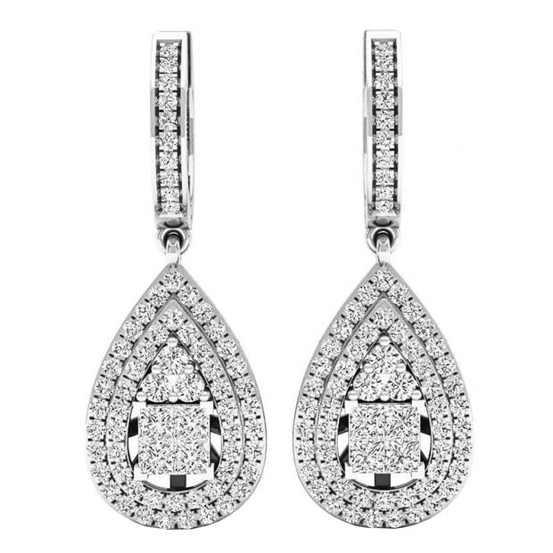 1.10 Carat (ctw) 10K White Gold Princess & Round White Diamond Ladies Dangling Drop Earrings 1 CT