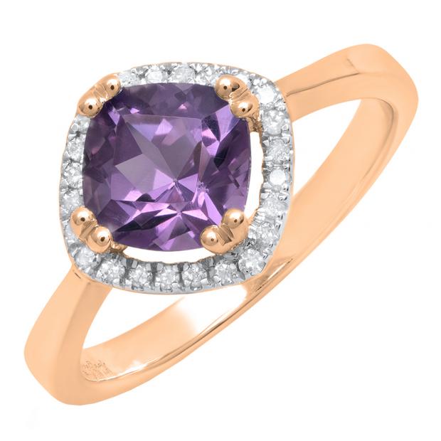 10K Rose Gold 7 MM Cushion Amethyst & Round White Diamond Ladies Bridal Halo Engagement Ring