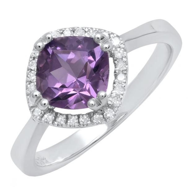 10K White Gold 7 MM Cushion Amethyst & Round White Diamond Ladies Bridal Halo Engagement Ring