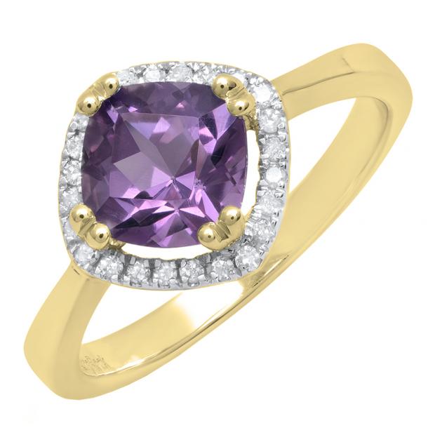 10K Yellow Gold 7 MM Cushion Amethyst & Round White Diamond Ladies Bridal Halo Engagement Ring