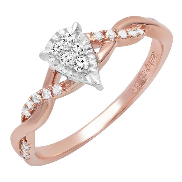 0.15 Carat (ctw) 10K White & Rose Gold Round Diamond Ladies Twisted Pear Shape Engagement Ring