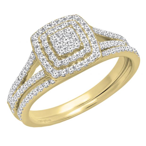 0.50 Carat (ctw) 10K Yellow Gold Round Diamond Ladies Split Shank Cluster Engagement Ring Set 1/2 CT
