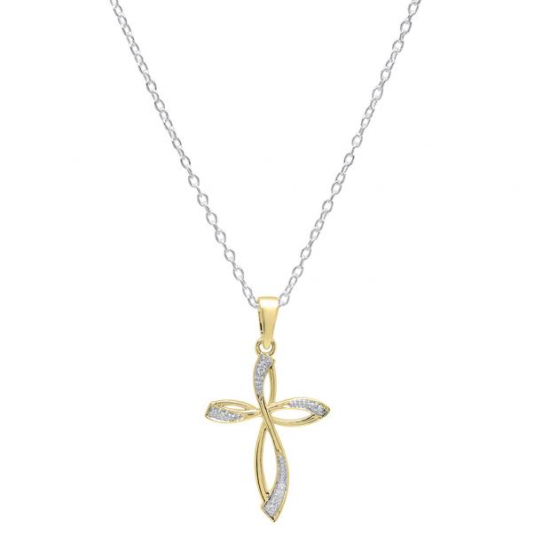 0.03 Carat (ctw) 10K Yellow Gold Round Diamond Ladies Cross Pendant (Silver Chain Included)