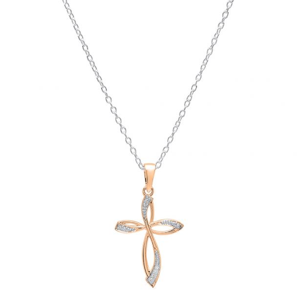 0.03 Carat (ctw) 14K Rose Gold Round Diamond Ladies Cross Pendant (Silver Chain Included)