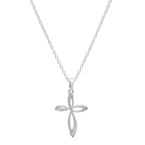 0.03 Carat (ctw) 14K White Gold Round Diamond Ladies Cross Pendant (Silver Chain Included)