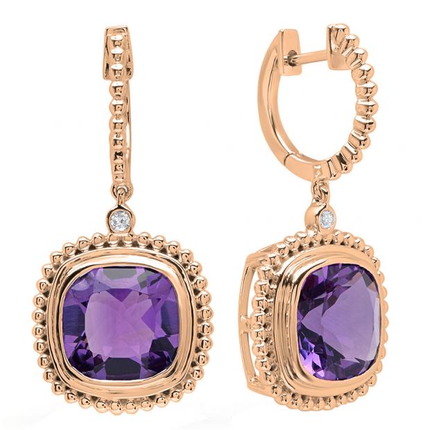 10K Rose Gold 10 MM Cushion Amethyst & Round Diamond Ladies Dangling Drop Earrings