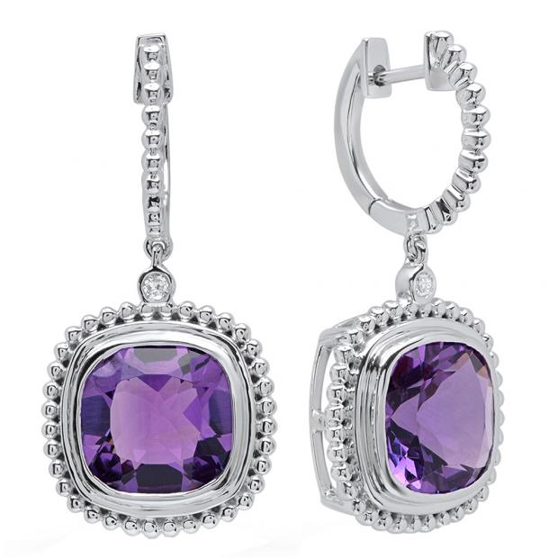 10K White Gold 10 MM Cushion Amethyst & Round Diamond Ladies Dangling Drop Earrings