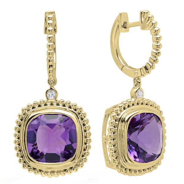 10K Yellow Gold 10 MM Cushion Amethyst & Round Diamond Ladies Dangling Drop Earrings