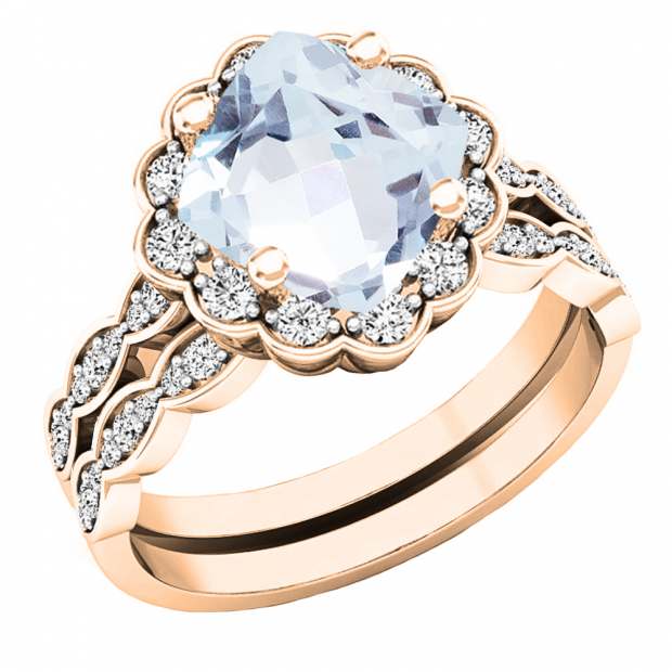 10K Rose Gold 7 MM Cushion Aquamarine & Round Diamond Ladies Halo Engagement Ring Set