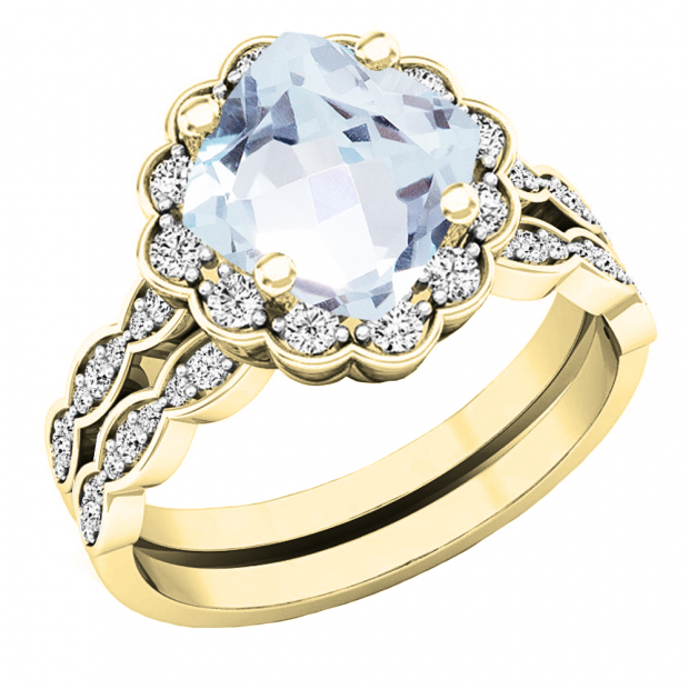 10K Yellow Gold 7 MM Cushion Aquamarine & Round Diamond Ladies Halo Engagement Ring Set
