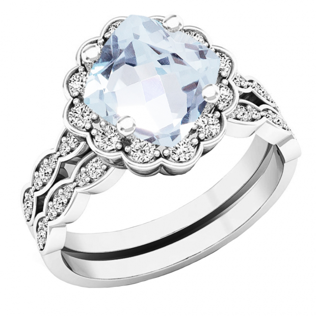 14K White Gold 7 MM Cushion Aquamarine & Round Diamond Ladies Halo Engagement Ring Set