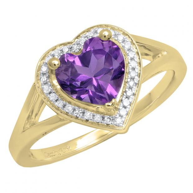 10K Yellow Gold 7 MM Heart Amethyst And Round Diamond Ladies Split Shank Bridal Engagement Ring