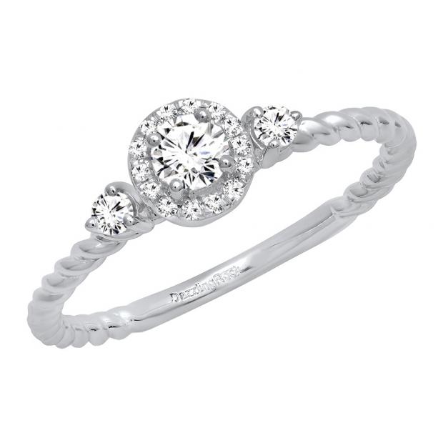 0.35 Carat (ctw) 10K White Gold Round Diamond Ladies Bridal 3 Stone Rope Engagement Ring 1/3 CT