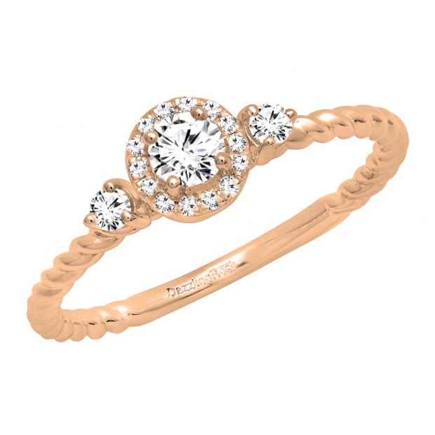 0.35 Carat (ctw) 18K Rose Gold Round Diamond Ladies Bridal 3 Stone Rope Engagement Ring 1/3 CT