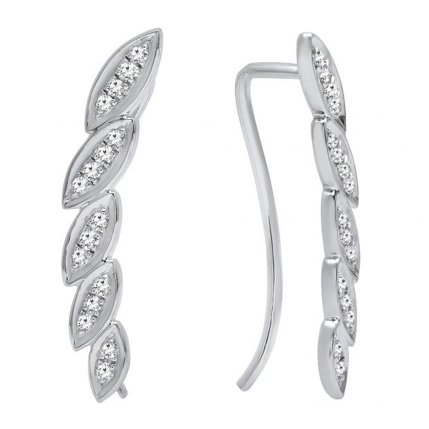 0.20 Carat (ctw) Sterling Silver Round White Diamond Ladies Leaf Shaped Climber Earrings 1/5 CT