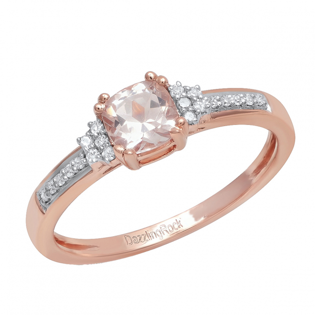 10K Rose Gold 5 MM Cushion Morganite And Round Diamond Bridal Engagement Ring
