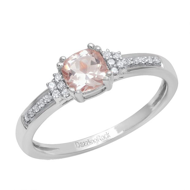 10K White Gold 5 MM Cushion Morganite And Round Diamond Bridal Engagement Ring