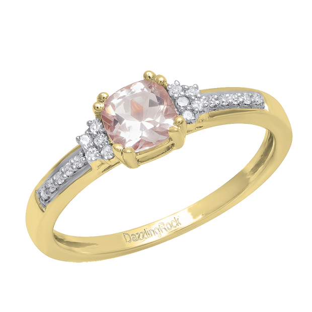 10K Yellow Gold 5 MM Cushion Morganite And Round Diamond Bridal Engagement Ring