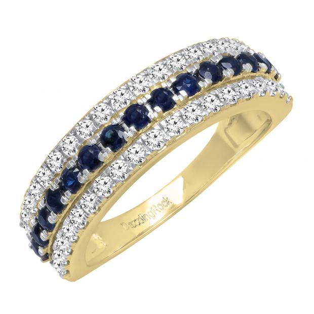 10K Yellow Gold Round Blue Sapphire And White Diamond Ladies Anniversary Wedding Band
