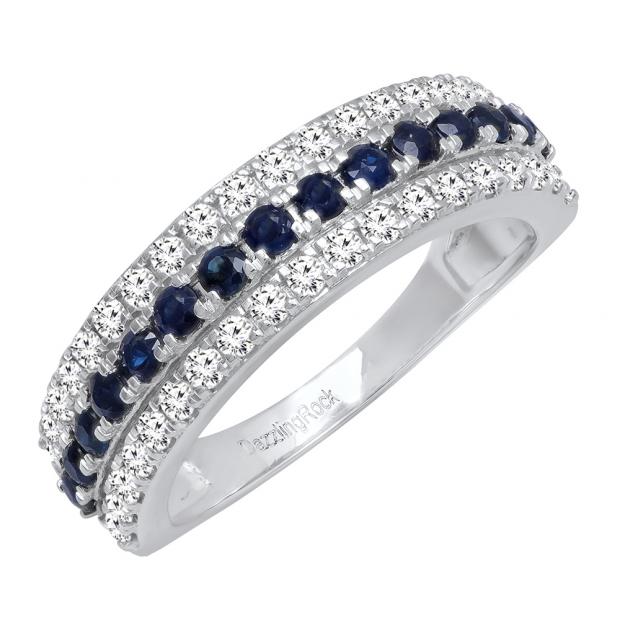 18K White Gold Round Blue Sapphire And White Diamond Ladies Anniversary Wedding Band
