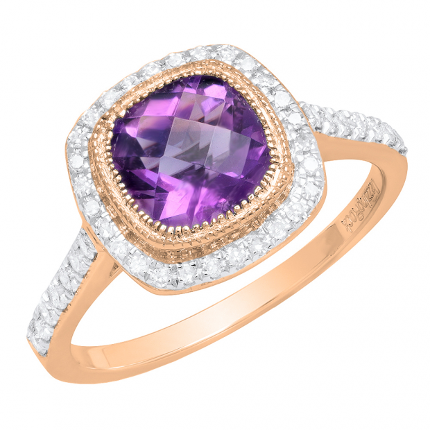 10K Rose Gold 7 MM Cushion Amethyst & Round White Diamond Ladies Bridal Halo Engagement Ring