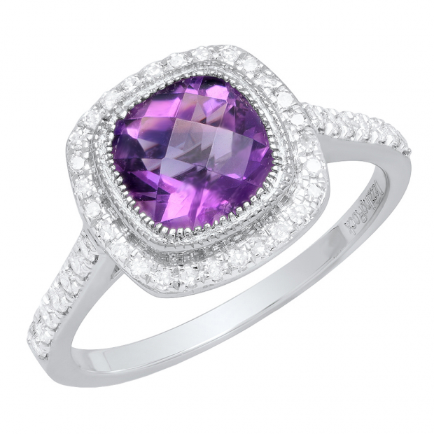10K White Gold 7 MM Cushion Amethyst & Round White Diamond Ladies Bridal Halo Engagement Ring