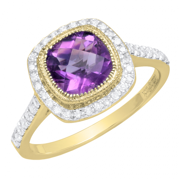 10K Yellow Gold 7 MM Cushion Amethyst & Round White Diamond Ladies Bridal Halo Engagement Ring