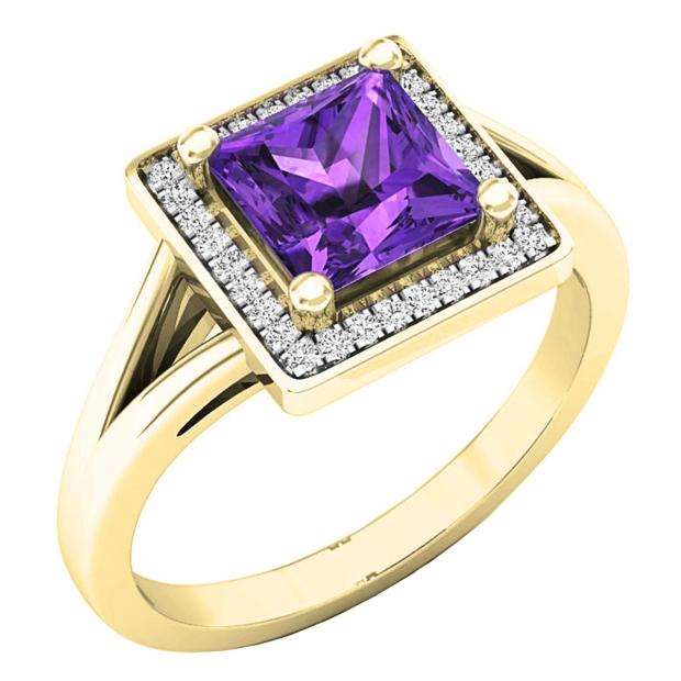 10K Yellow Gold 6 MM Princess Amethyst & Round Diamond Ladies Halo Style Bridal Engagement Ring