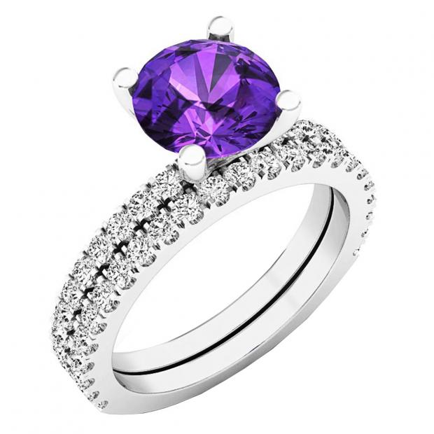 10K White Gold 7 MM Round Amethyst & White Diamond Ladies Bridal Engagement Ring Sets