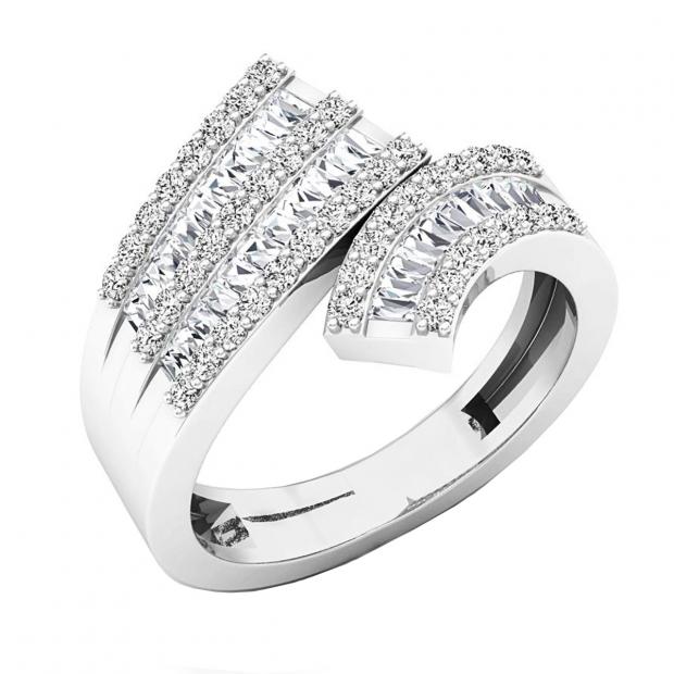 0.85 Carat (ctw) 10K White Gold Baguette & Round Diamond Ladies Bypass Right Hand Band