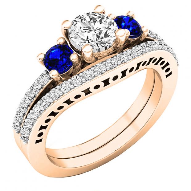 10K Rose Gold 5.5 MM Round White SapphireBlue Sapphire & Diamond Ladies Engagement Ring Set