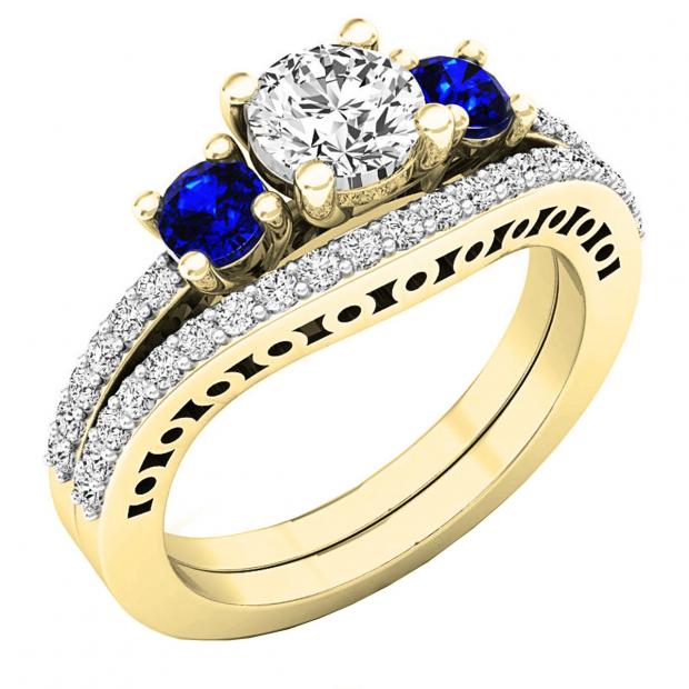 10K Yellow Gold 5.5 MM Round White SapphireBlue Sapphire & Diamond Ladies Engagement Ring Set