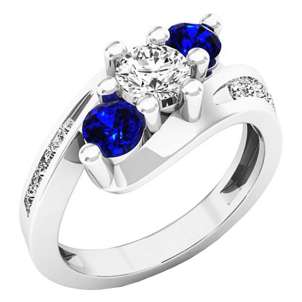 14K White Gold Round Blue Sapphire And White Diamond Ladies Swirl 3 Stone Bridal Engagement Ring