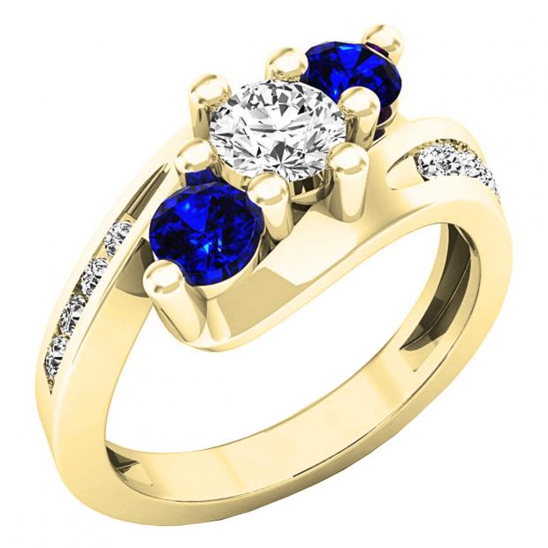 18K Yellow Gold Round Blue Sapphire And White Diamond Ladies Swirl 3 Stone Bridal Engagement Ring